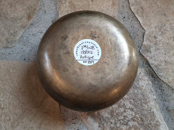 Bowl 859: 6.5" Antique Himalayan Singing Bowl 188 HZ F#3+28